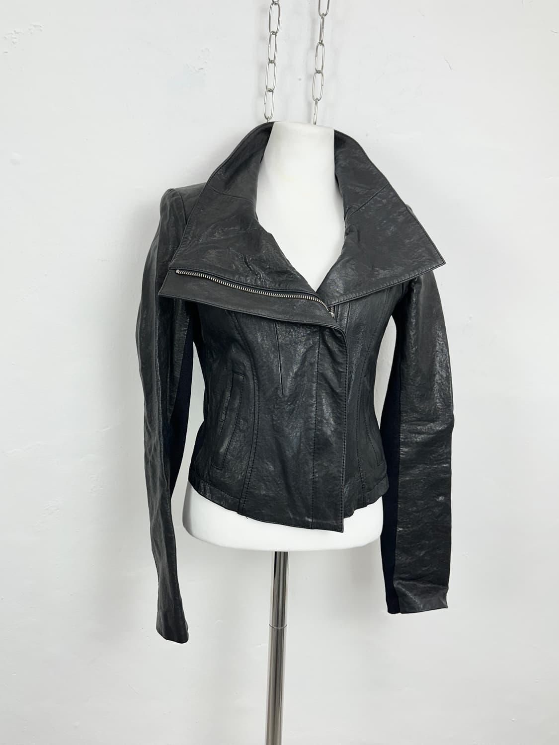 Asymmetric High-Neck Lambskin Jacket 상품이미지1