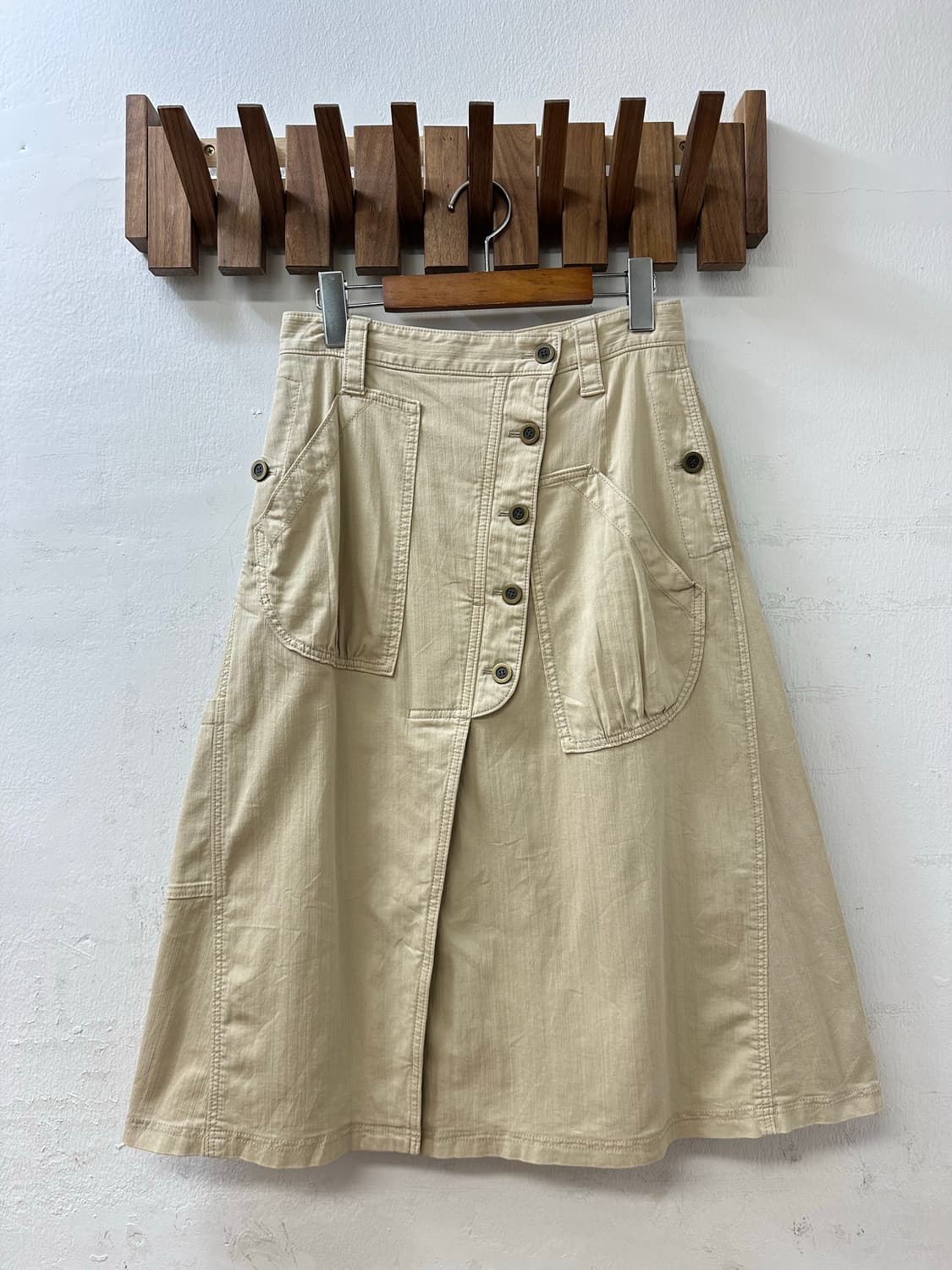 일본빈티지 베이지 버튼 코튼 혼방 A라인 미디 스커트  상품이미지1