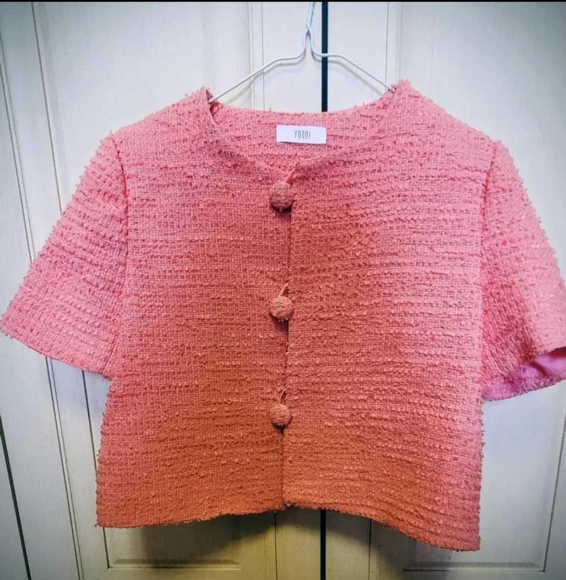 YOONI(유니)' 핑크 트위드 반팔 크롭 자켓 상품이미지1