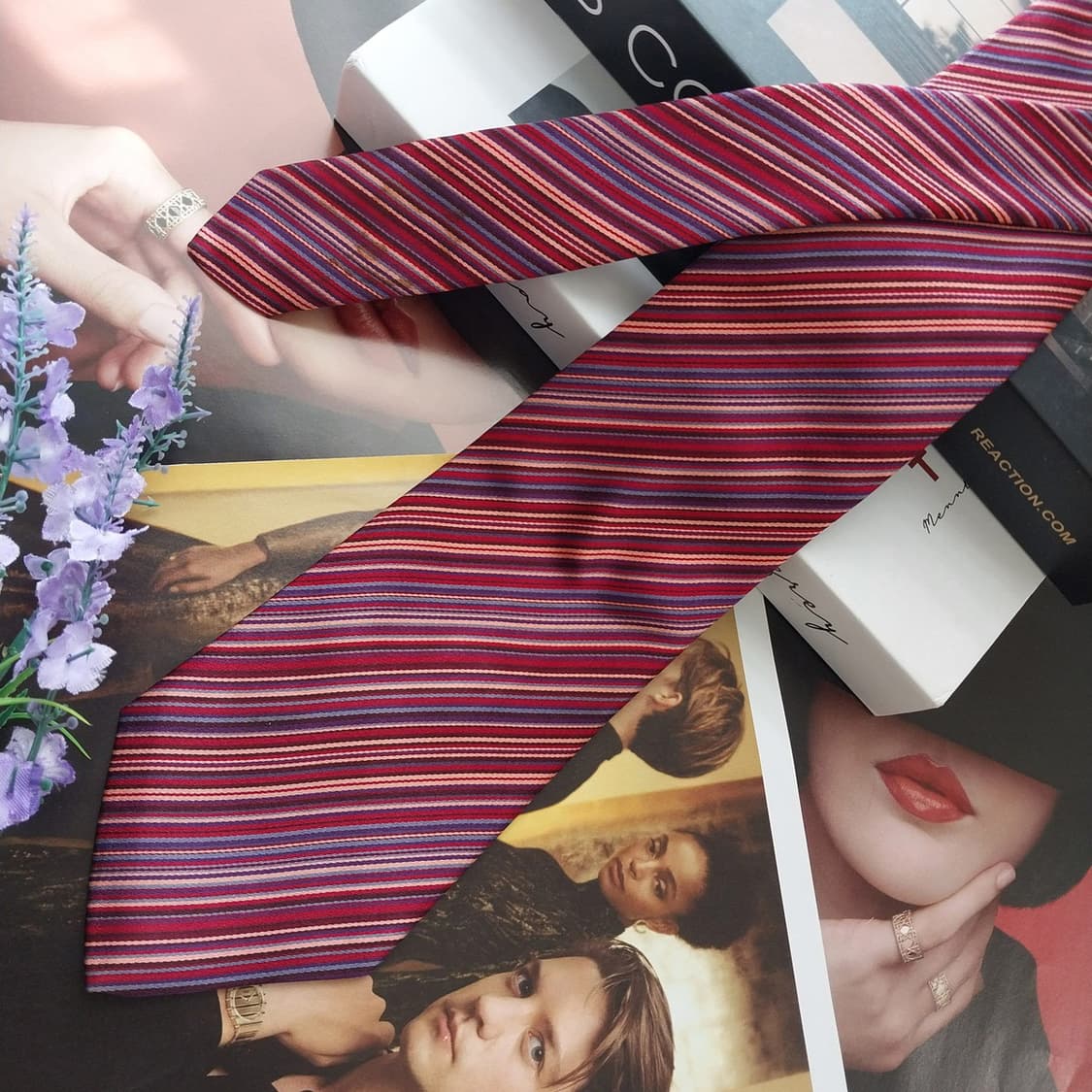 아쿠아스큐텀 실크 레드 스트라이프 넥타이 9.1cm A등급 K2544 상품이미지5