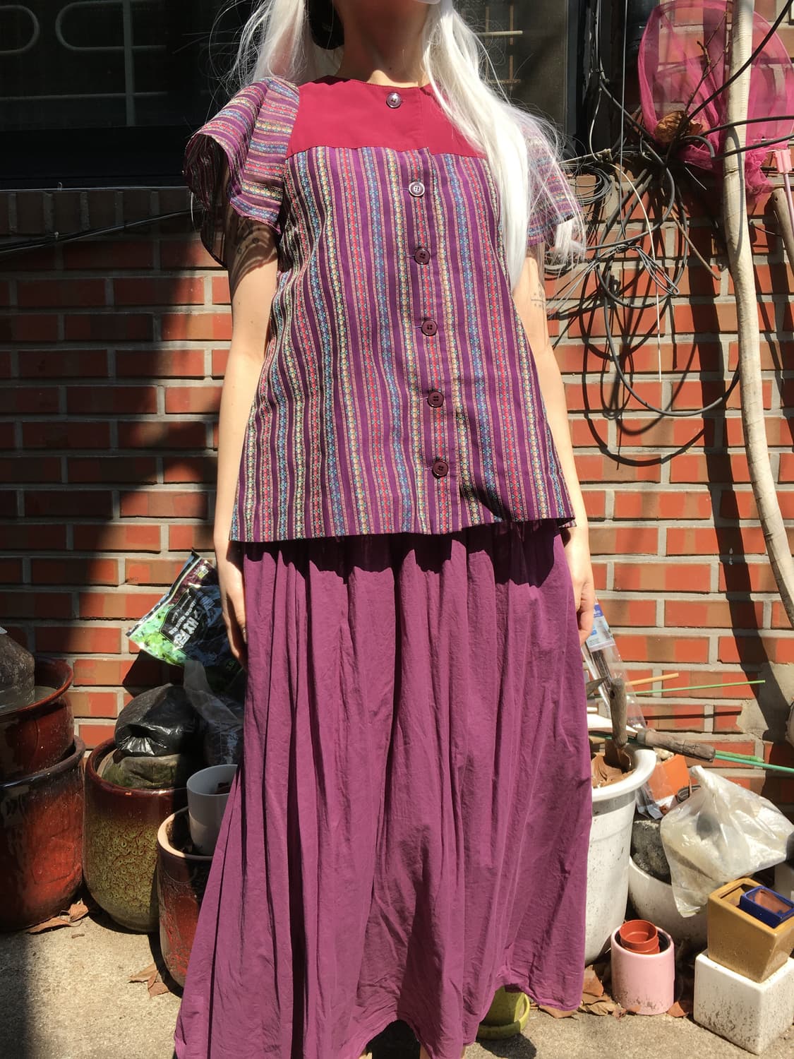 에스닉 스트라이프 퍼프 블라우스 & 퍼플 코튼 스커트 세트 상품이미지2