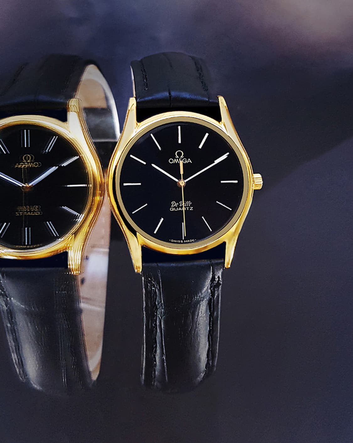 오메가 드빌 고급 블랙판 18K-GP 남녀공용 가죽 쿼츠 시계 상품이미지9