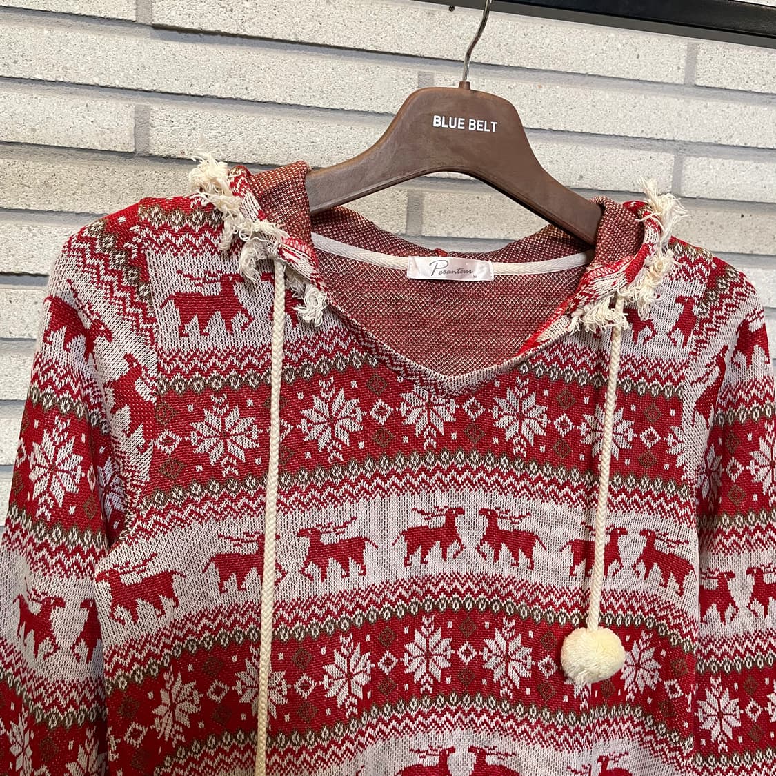 JPN VINTAGE 노르딕 패턴 니트 후드 태슬 디테일 레드 상품이미지4