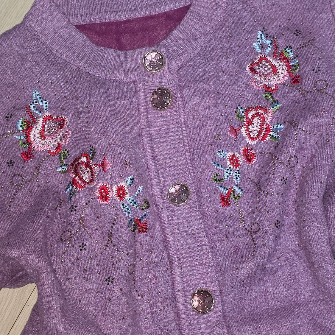 빈티지)퍼플 속안감 기모 앙고라겨울 플라워 자수 큐빅 로맨틱 모리걸가디건 상품이미지2
