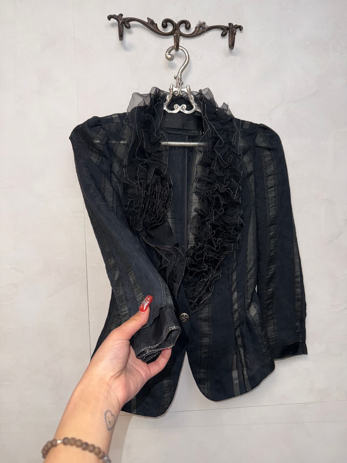 OBZEE black ruffle flower stripe jacket  상품이미지2