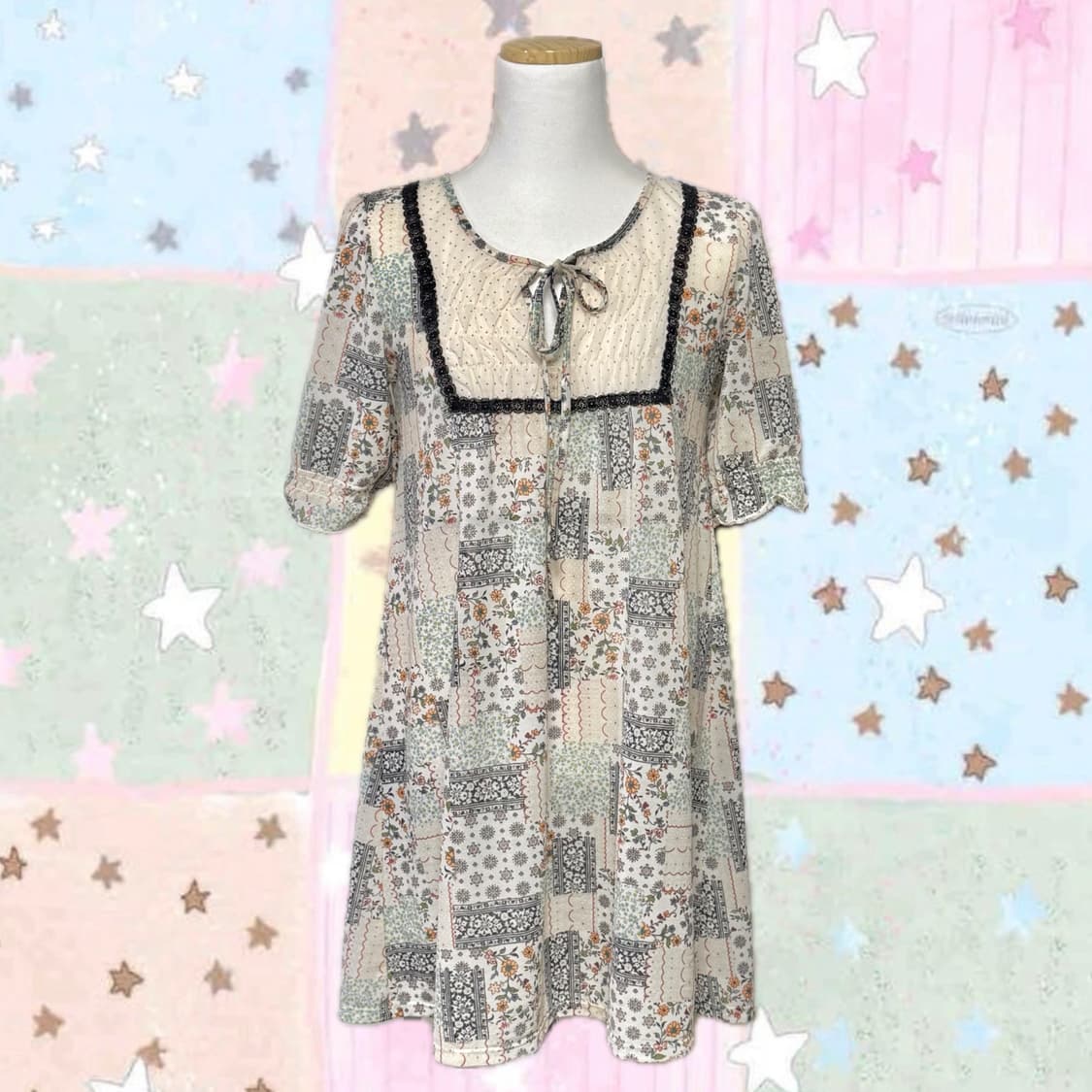 하구미 모리걸 민트 플라워 패치워크 블라우스 원피스 상품이미지2