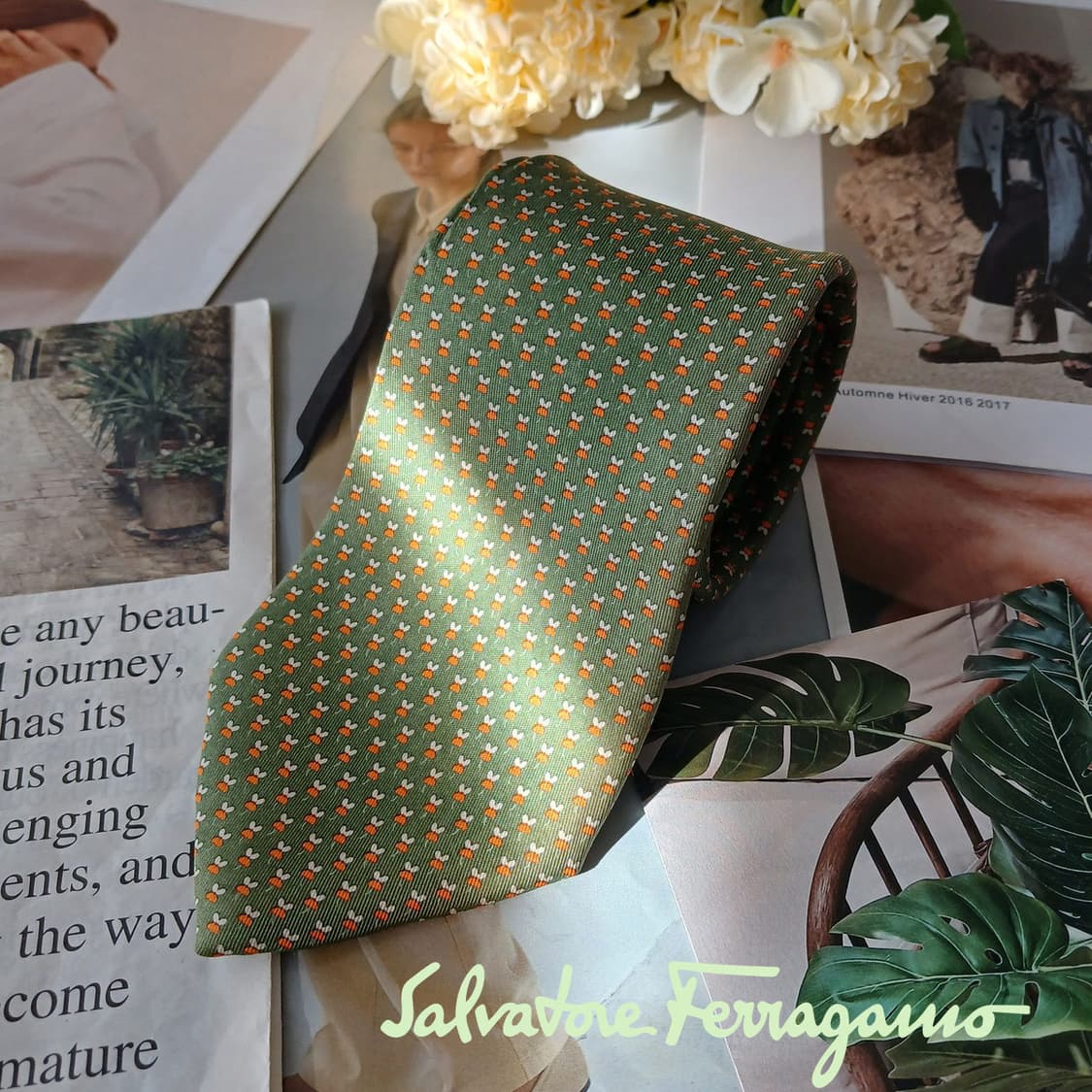 살바토레 페라가모 실크 그린 패턴 넥타이 8.7cm B등급 A19432
 상품이미지2