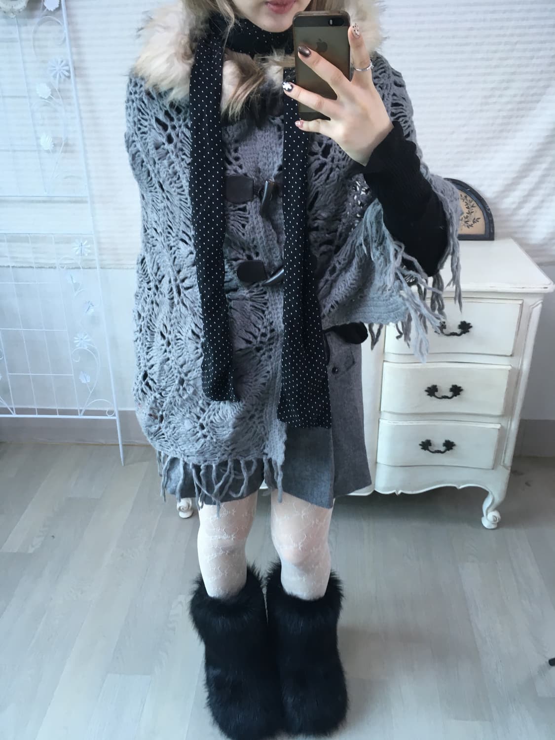 일본빈티지 차콜 퍼후드 케이프 더플 가디건 상품이미지5