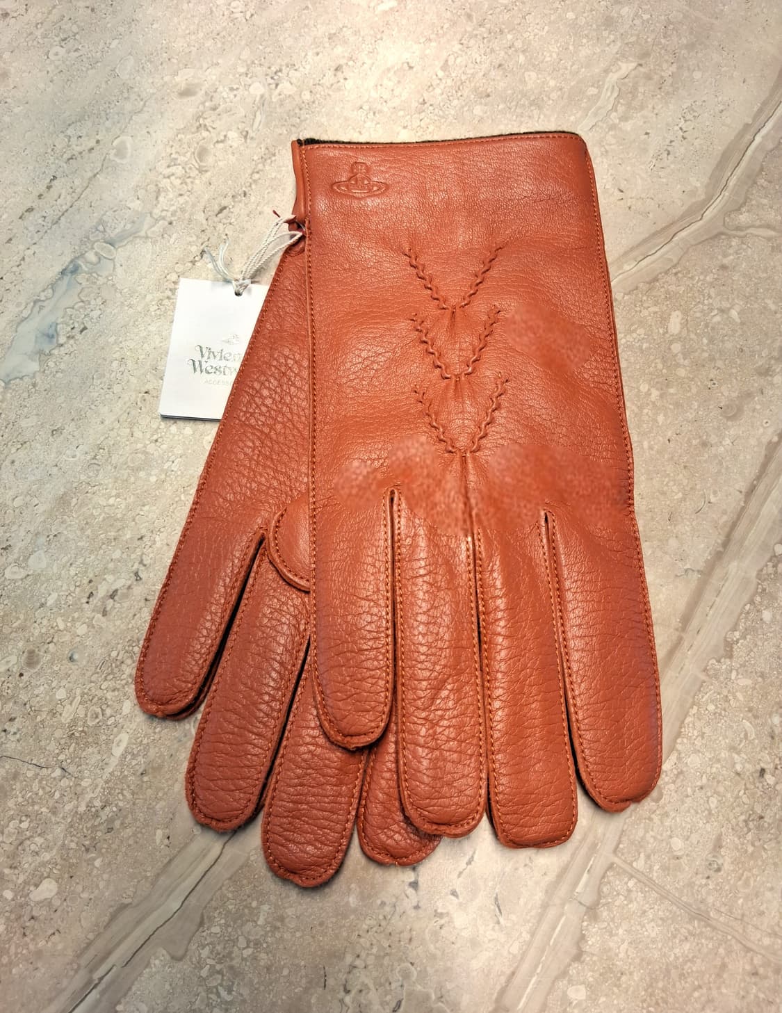 비비안웨스트우드 남성용 V 스티치 가죽 장갑 오렌지 24cm (새상품) 상품이미지2