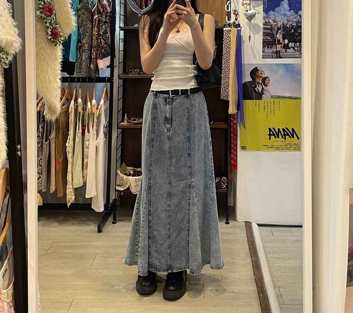 빈티지 데님 머메이드 맥시 롱스커트 연청 (벨트고리 있음) 상품이미지1