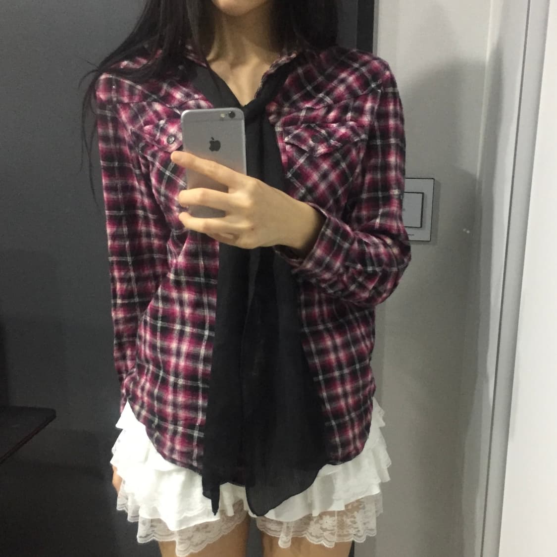 JPN 불량 갸루 체크 핑크 글리터 셔츠 상품이미지3