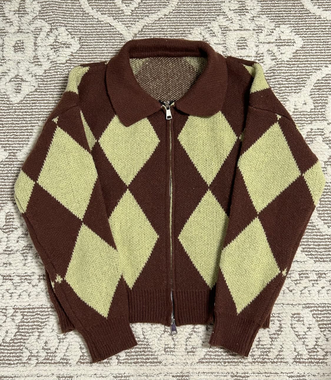 두쫀쿠 아가일 니트가디건 루즈핏 초코나무숲 피스타치오 모리걸 상품이미지1