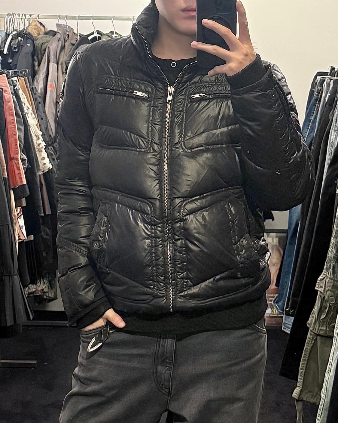 디젤 나일론 다크 네이비 남색 바이커 지퍼 덕다운 오리털 패딩 고스 펑크 상품이미지1