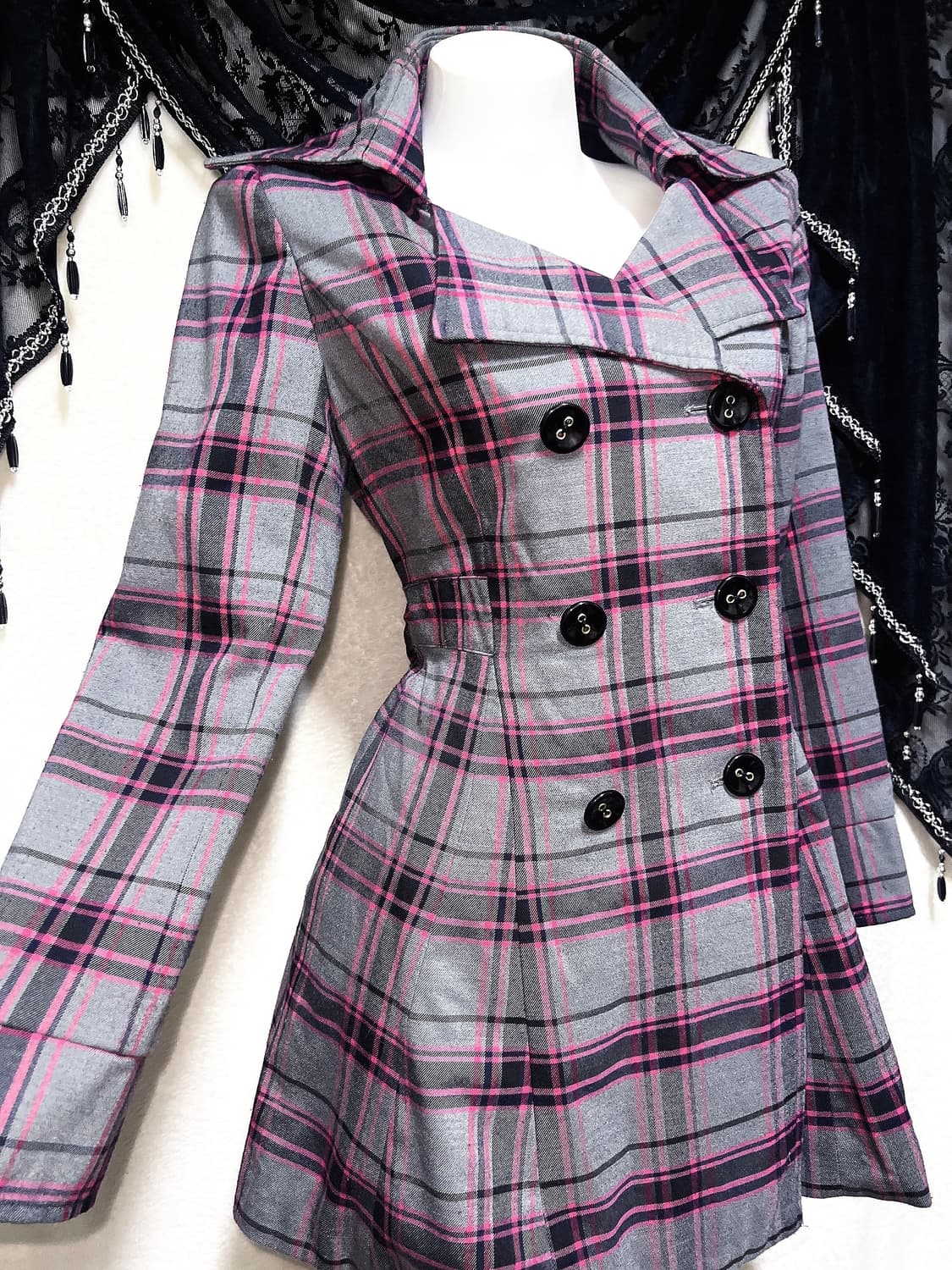 핑키걸즈 오네갸루 히메 키치 펑크 체크 플레어 코트 자켓 헤이세이 시부야 상품이미지1