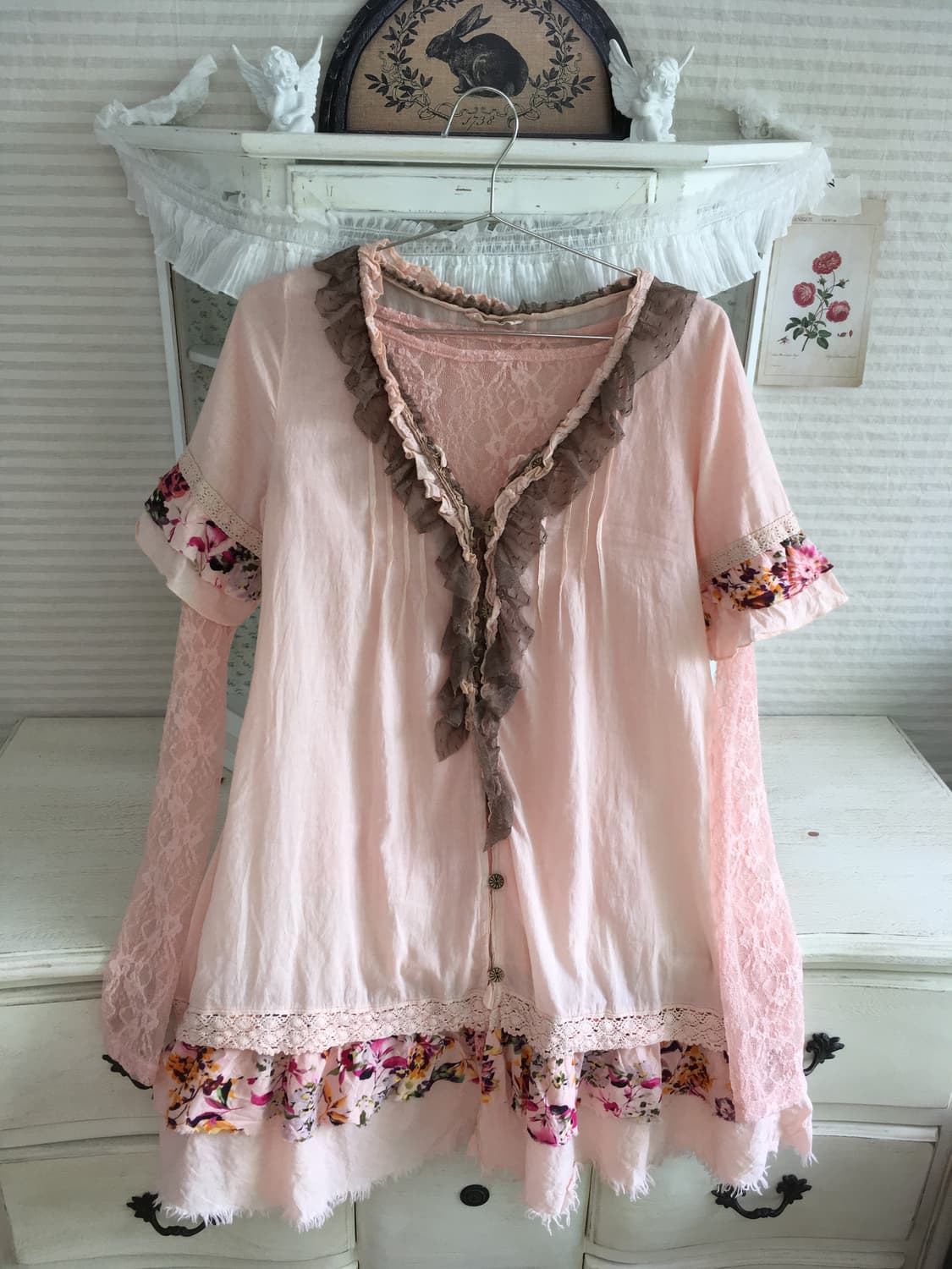 Set) 빈티지 핑크 플라워 레이스 원피스+블라우스+머플러 상품이미지4