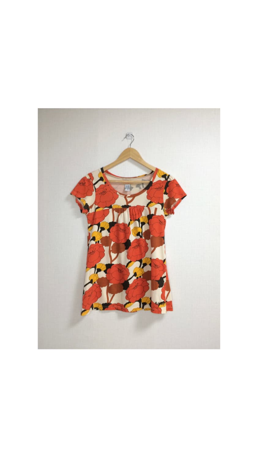 빈티지 오렌지 플라워 프린팅 반팔 티셔츠 상품이미지1