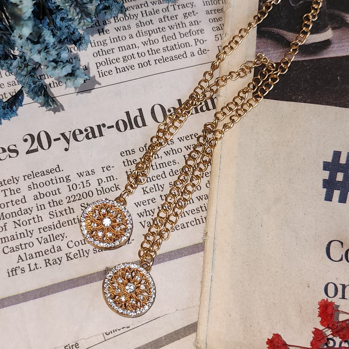 90s 프랑스 빈티지 쥬얼리 썬 플라워 커팅 레이어드 골드 체인 장식 상품이미지1