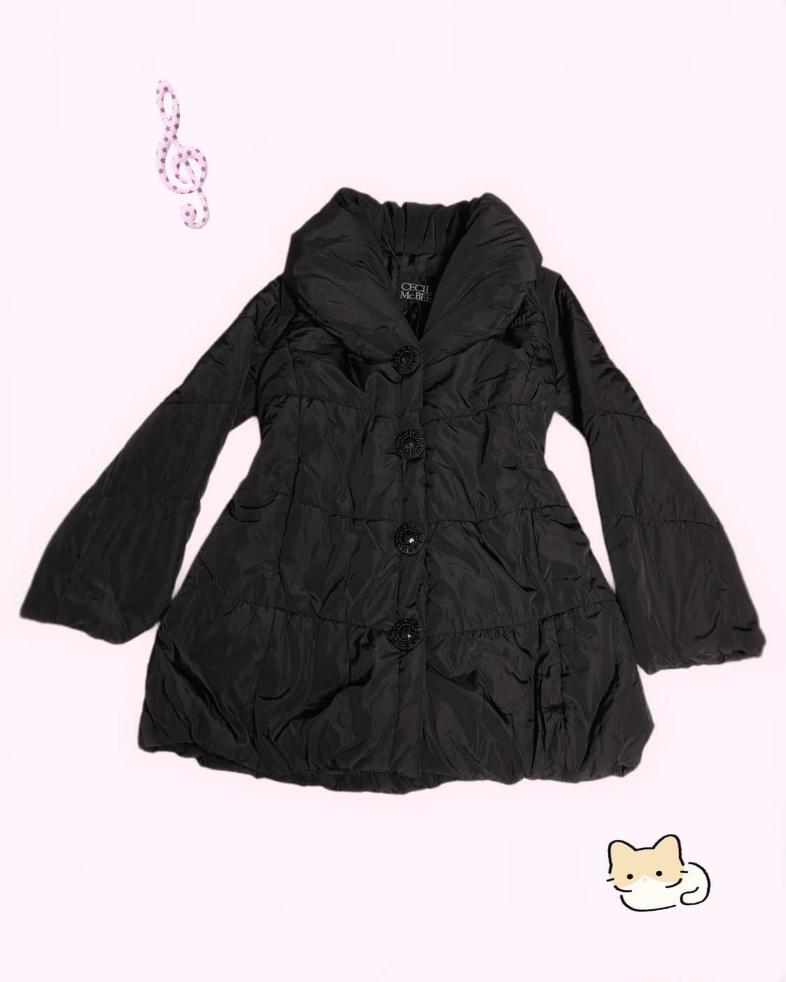 Cecil Mcbee 세실맥비 큐빅 단추 포인트 블랙 레이스 카라 패딩  상품이미지1