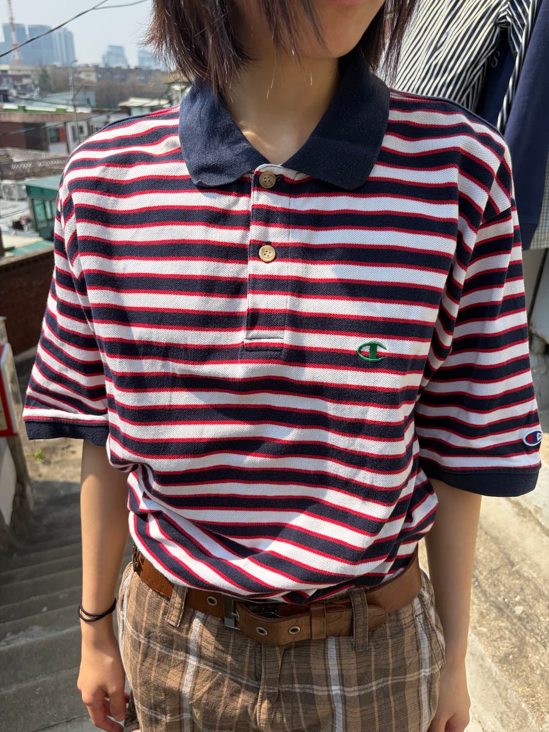 Champion 네이비 레드 스트라이프 피케 폴로 티셔츠 상품이미지1