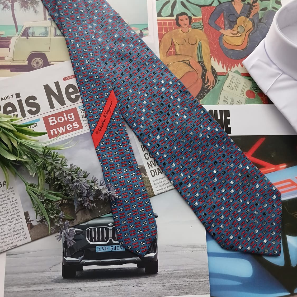 페라가모 실크 블루 체커보드 패턴 넥타이 9.9cm B등급 A18525
 상품이미지2