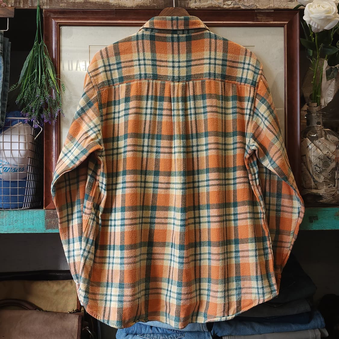 90s 아메리칸 빈티지 체크셔츠 헤비 플란넬 워크셔츠 오렌지 헤어리 L 상품이미지3