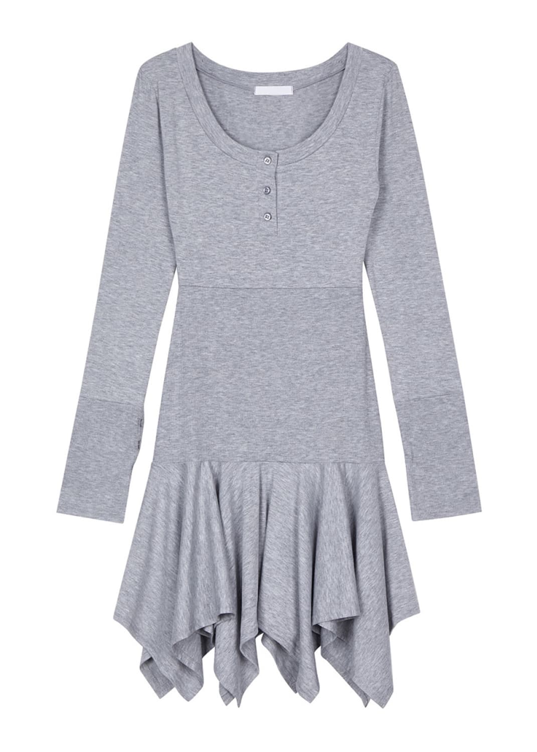 (무료배송) 버튼 유넥 프릴 언발 레이어드 골지 미디 원피스 상품이미지6