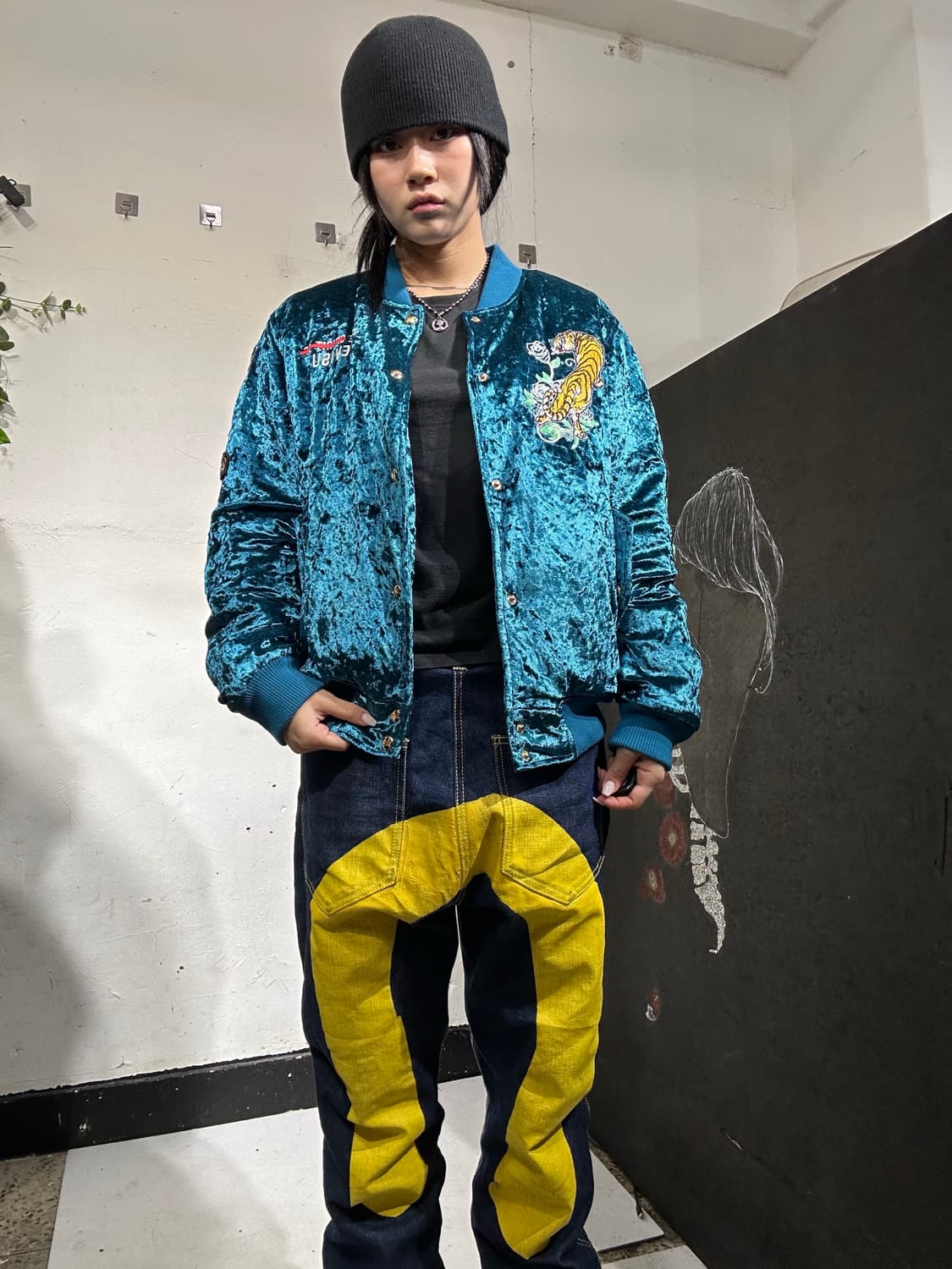 Evisu 에비수 청록 벨벳 빅호랑이 자수 스카잔 M 상품이미지1