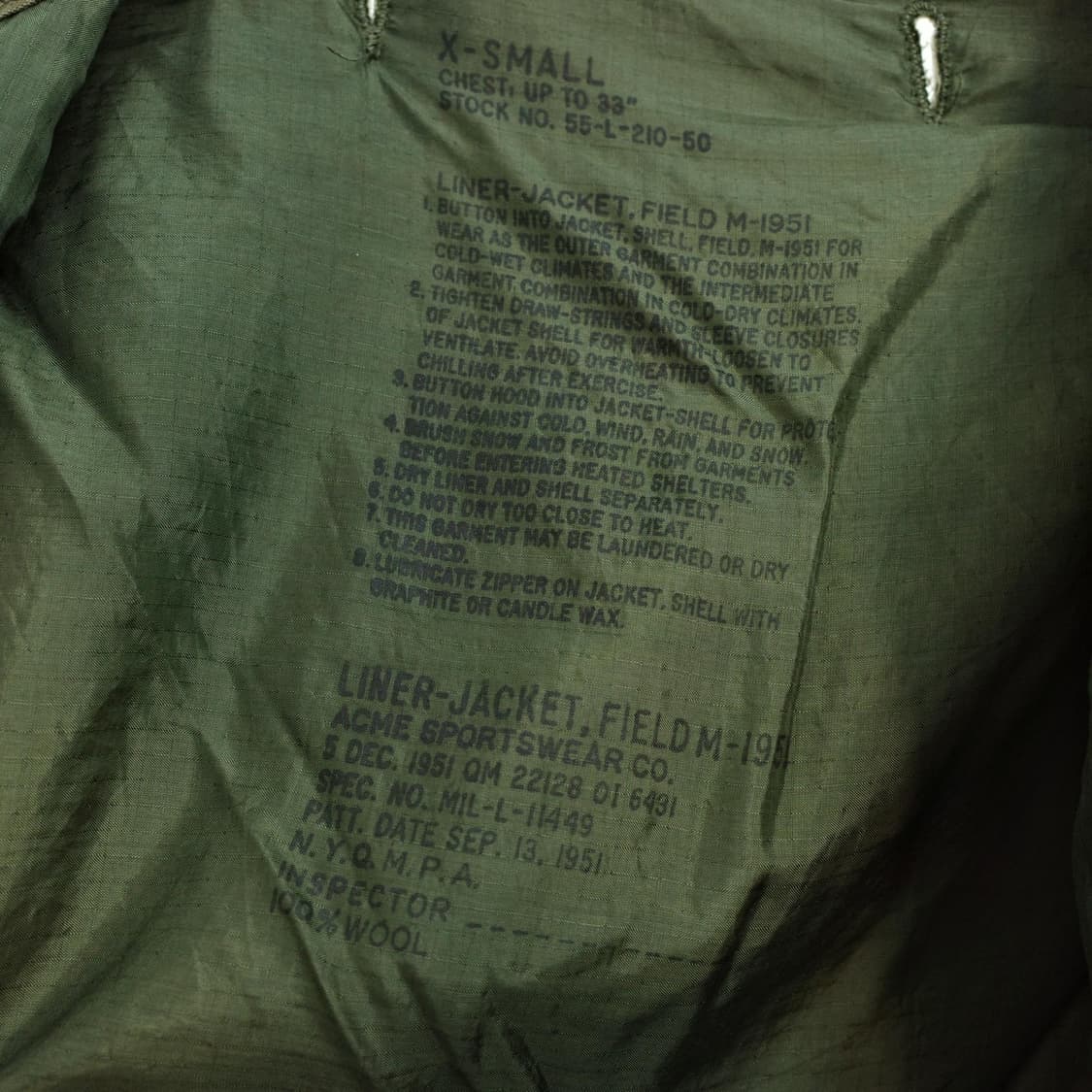 US Army M-1951 Field Jacket Wool Liner  상품이미지3