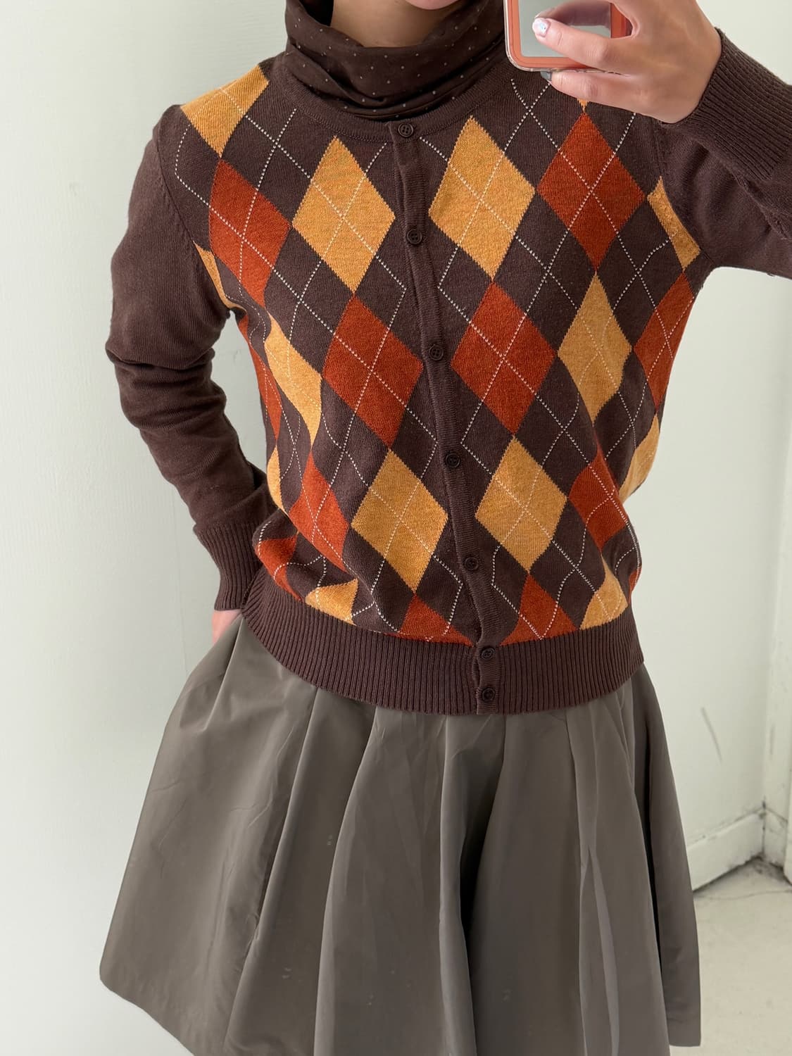 일본빈티지 브라운 아가일패턴 울 가디건 상품이미지2