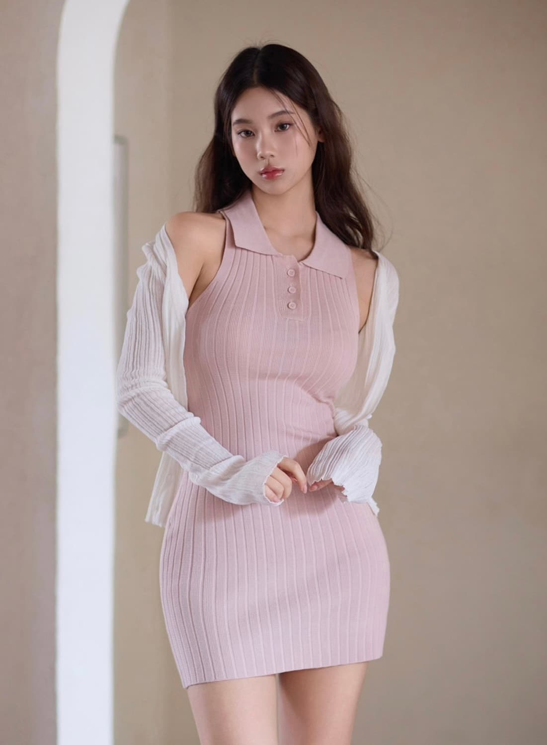 카인다미 니트 셔츠 원피스 핑크 상품이미지2