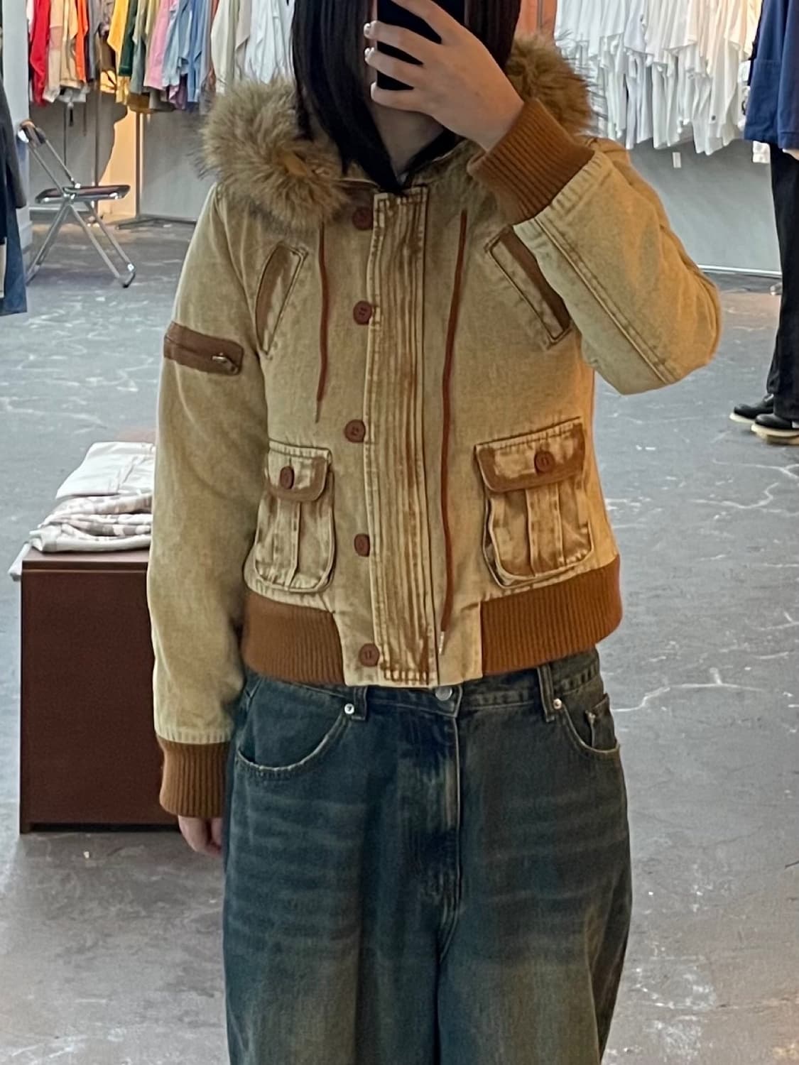 빈티지 y2k 버튼 퍼 후드자켓 (털 부착 가능) H1417 상품이미지1