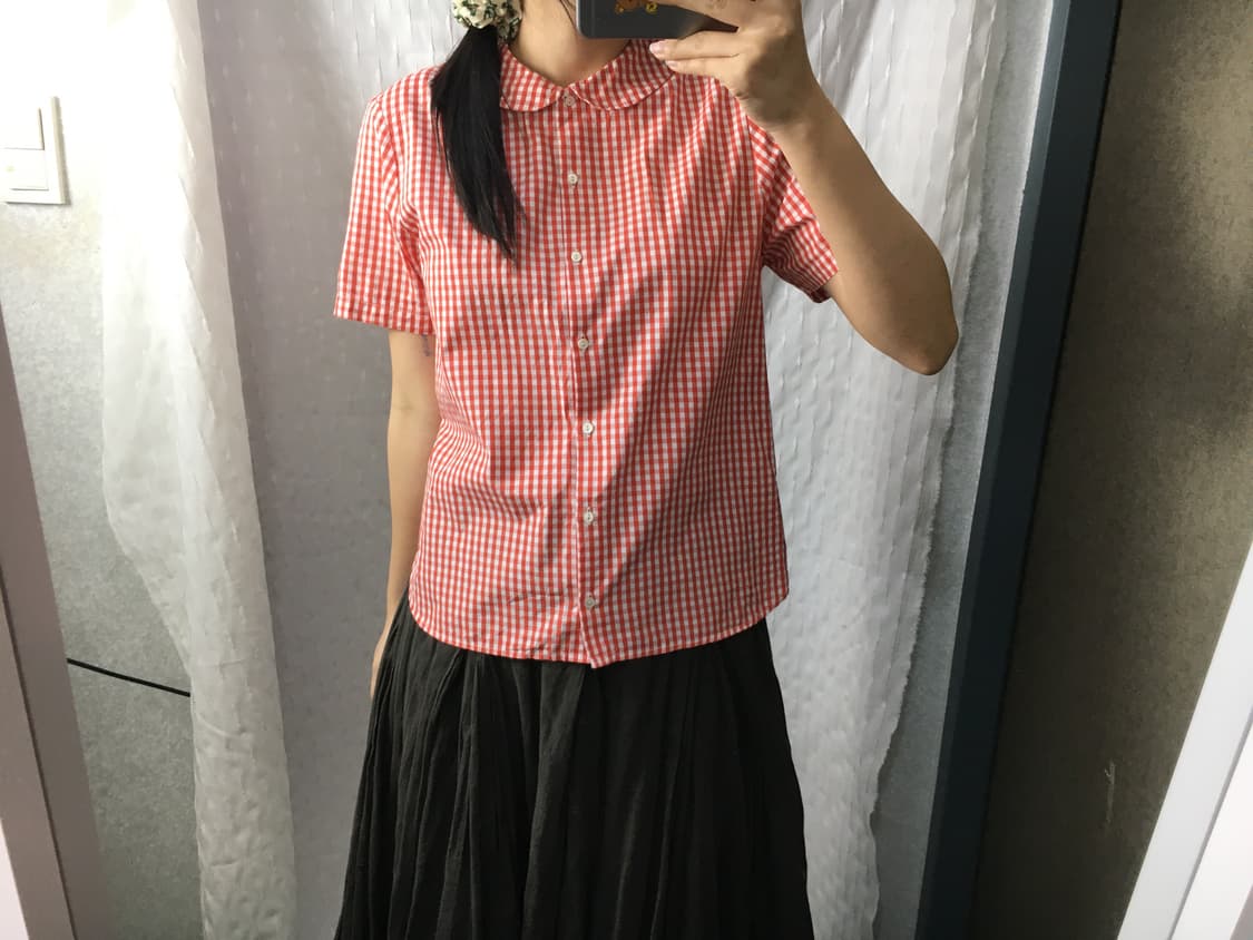 레드 체크 둥근 카라 블라우스 상품이미지5