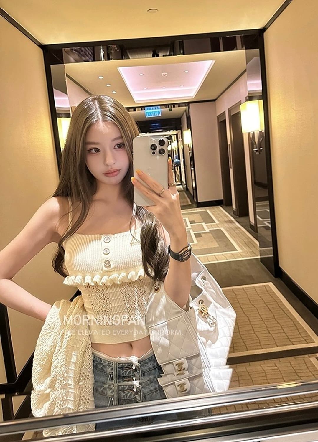 MORNINGFAN 플리터 커스텀 레이스 니트 슬리브리스 탑 가디건 투피 상품이미지9