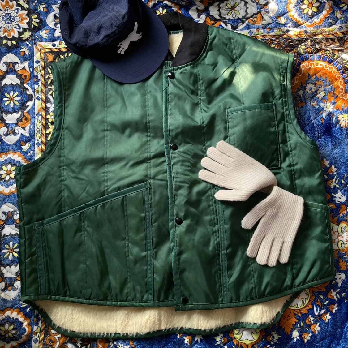 빈티지 아메카지 나일론 그린 퍼 오버핏 헌팅 베스트 조끼 아우터 상품이미지1