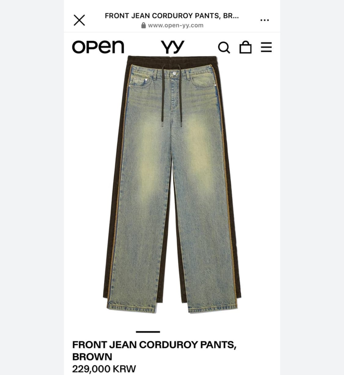 오픈와이와이 Open YY 데님 코듀로이 팬츠 사이즈 1 브라운 상품이미지1