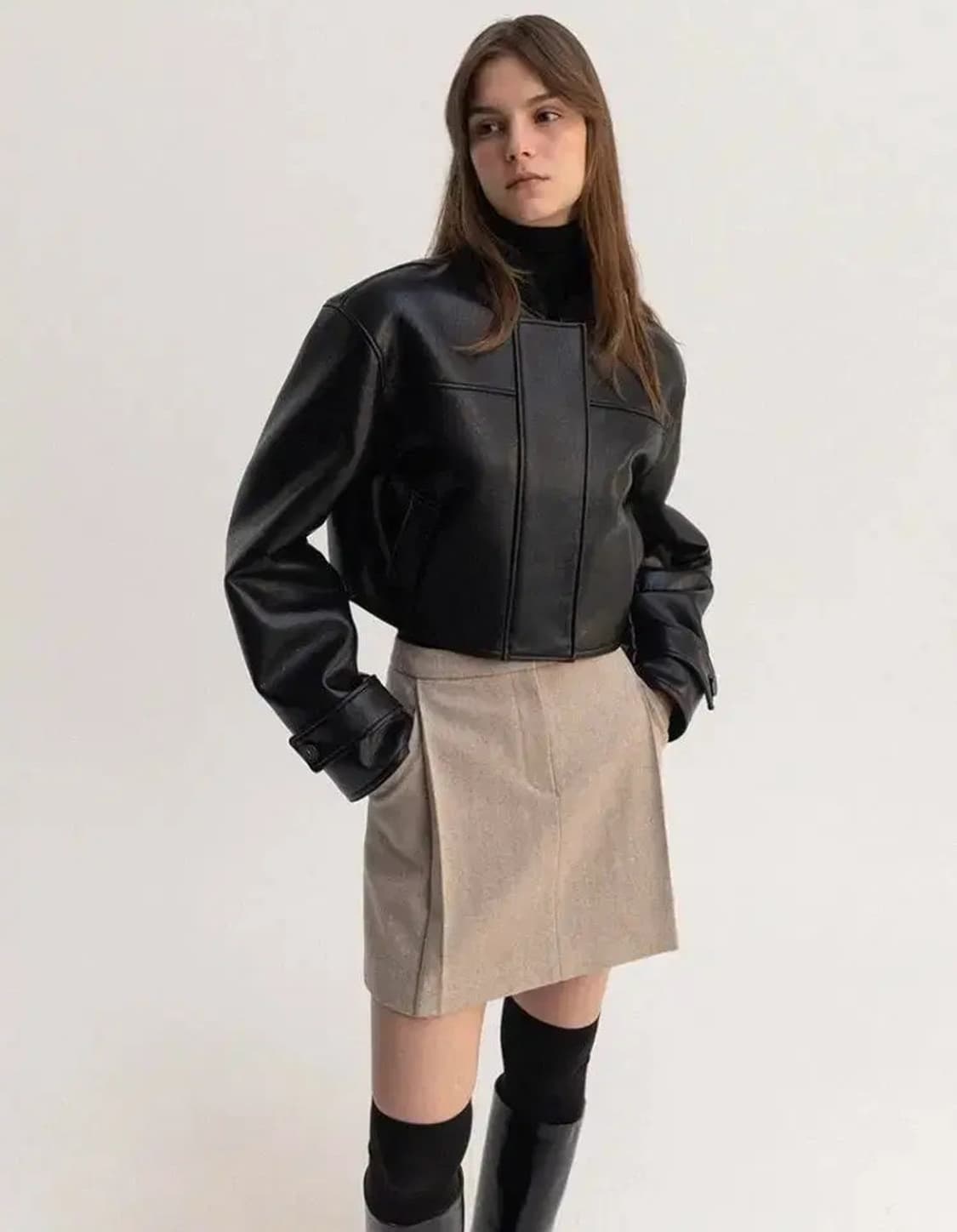 르 Le 플라켓 시어링 크롭 자켓 블랙 레더 자켓 상품이미지4