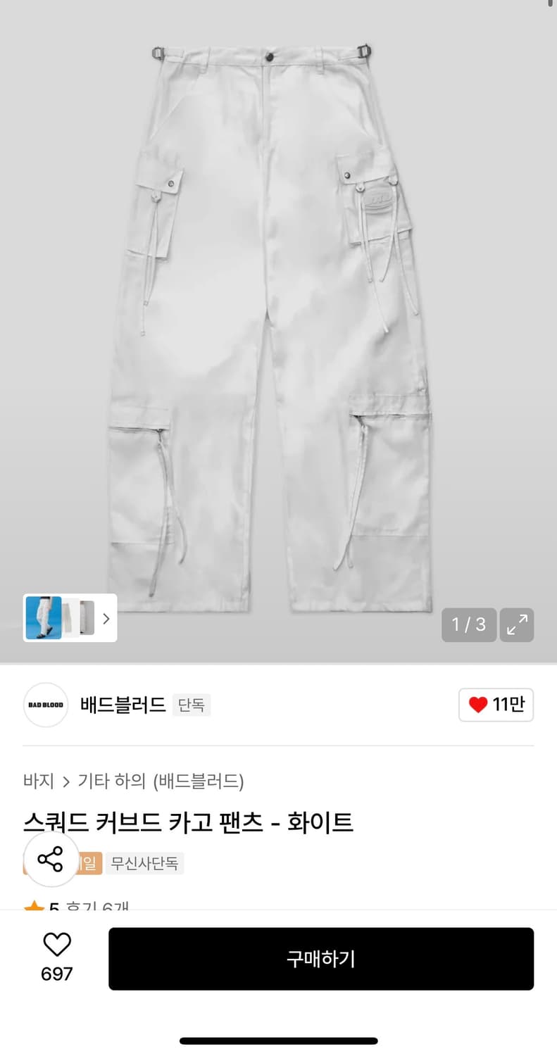배드블러드 스쿼드 커브드 카고 팬츠 - 화이트 상품이미지6