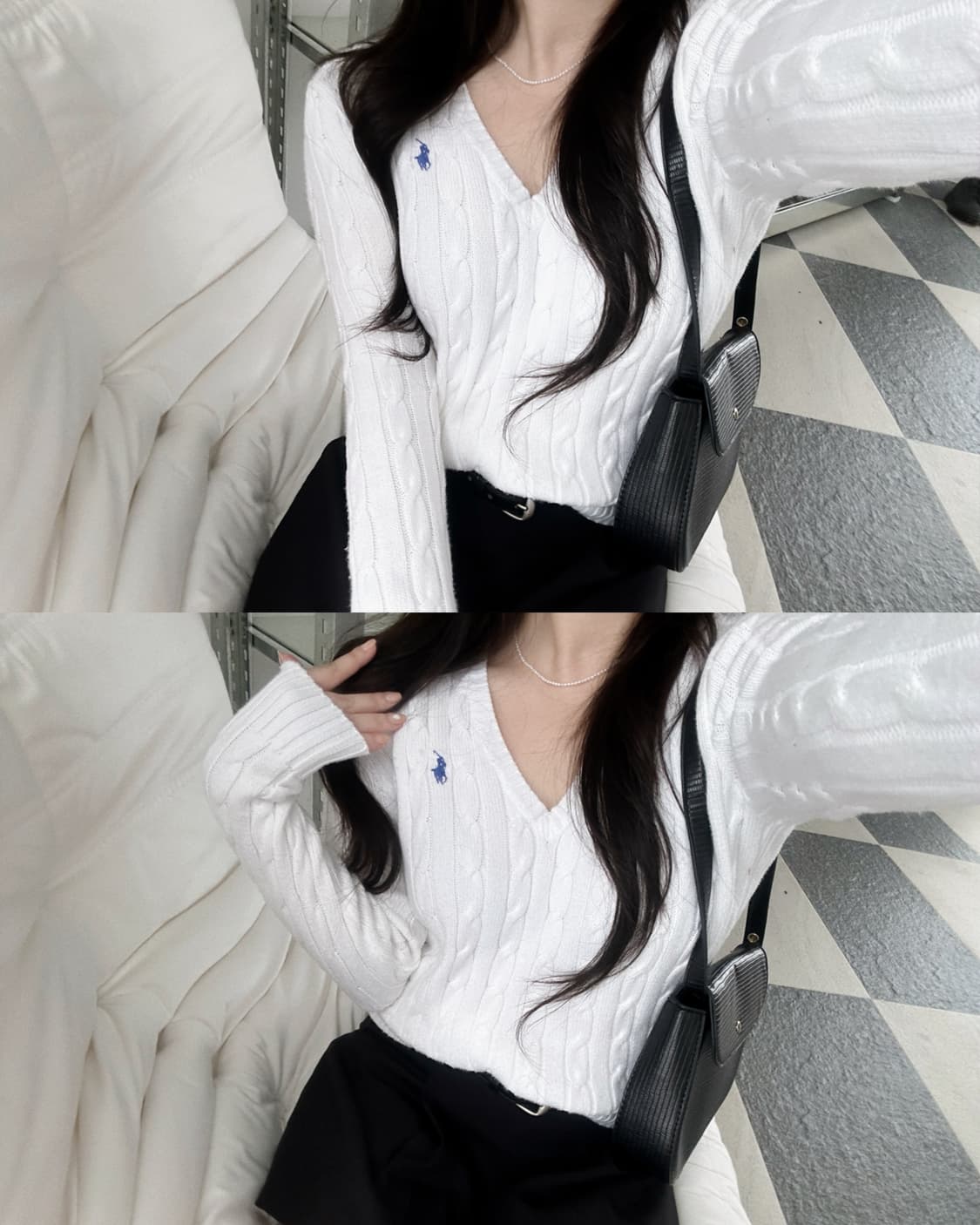 폴로 랄프로렌 화이트 V넥 케이블 니트  상품이미지1