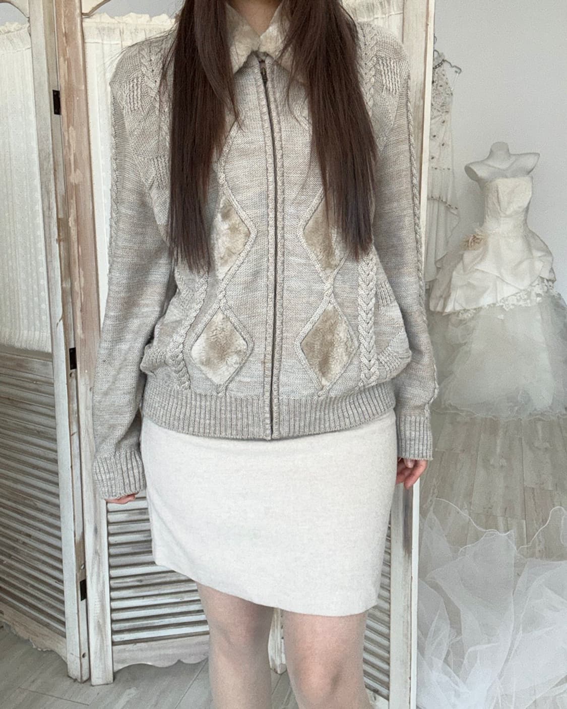 Cosy light beige wool knit zip-up 상품이미지5