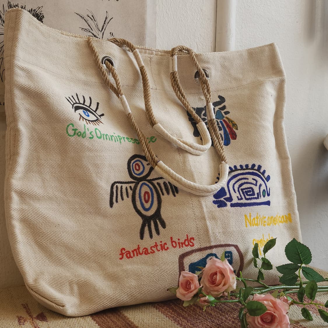 핸드 드로잉 캔버스 토트백 빈티지 더플백 리메이크 화이트 아메리카 심볼 상품이미지10