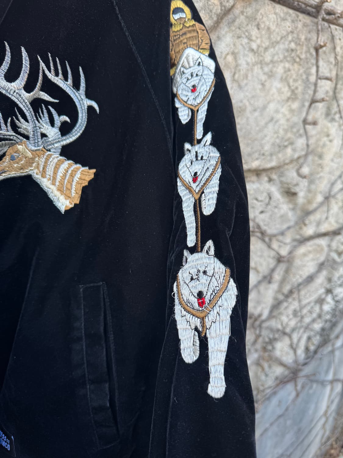 For the boys 빈티지 자수 벨벳 스카쟌 봄버 자켓 상품이미지5