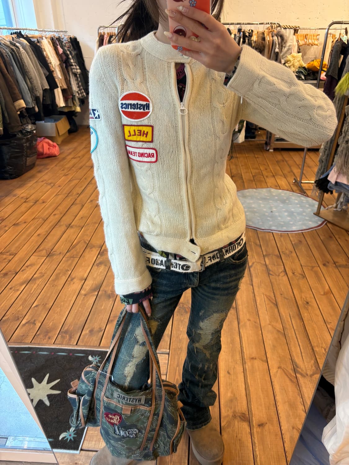 히스테릭글래머 크림 패치 니트 바이커 집업 상품이미지1