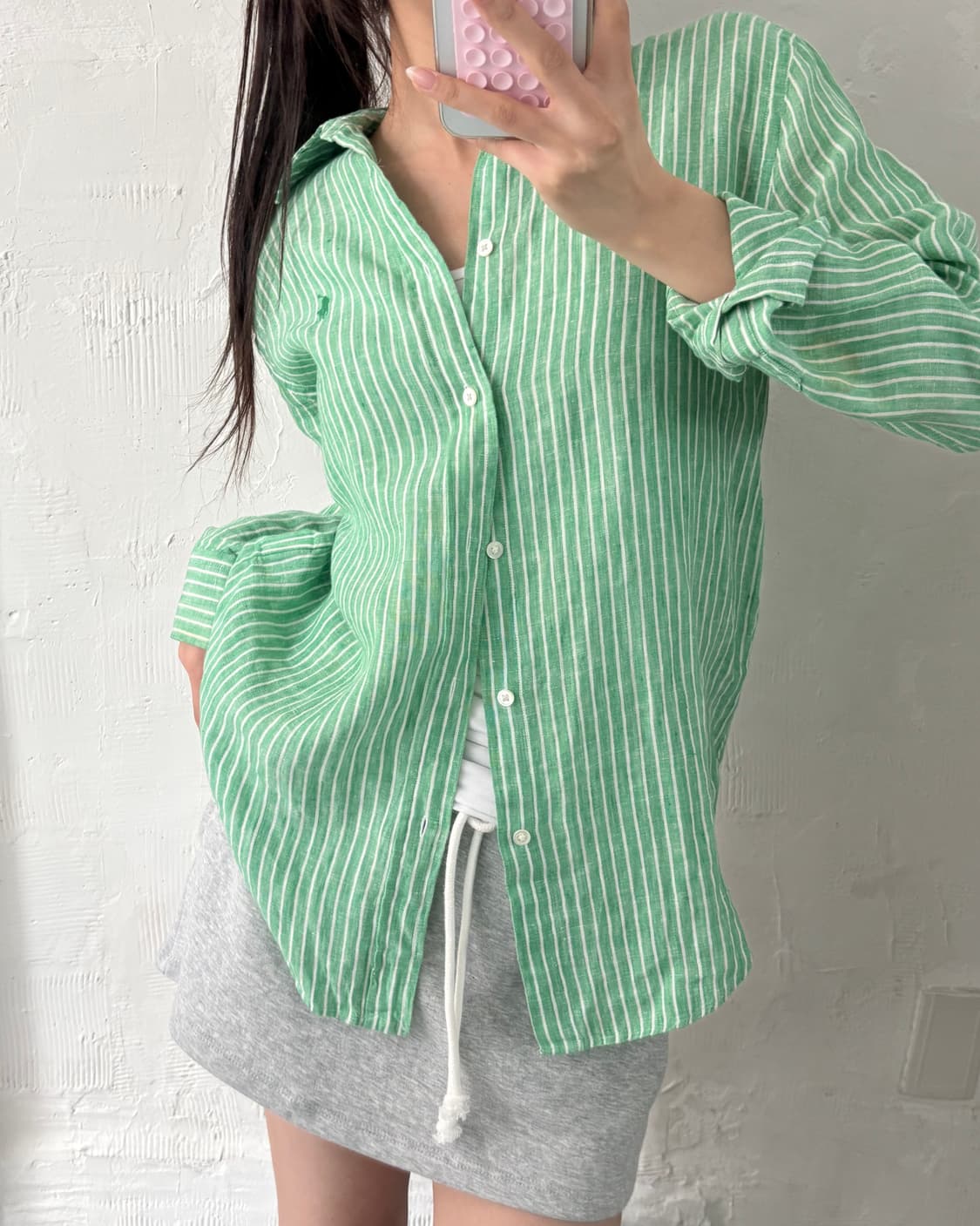 Polo 폴로 랄프로렌 신형 우먼 그린컬러 스트라이프 린넨 셔츠 상품이미지2