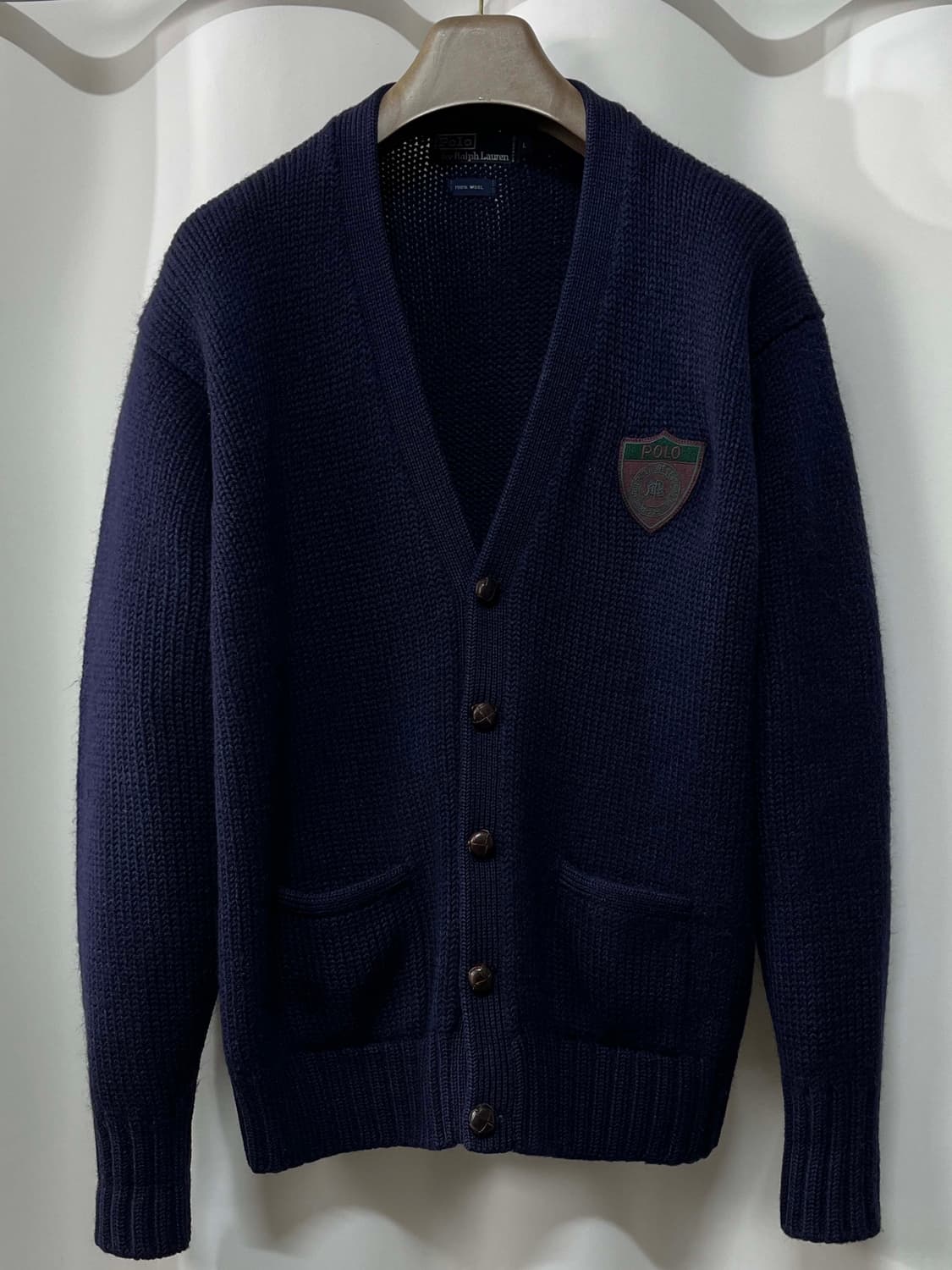 80's 폴로 랄프로렌 로얄네이비 스크래블 쉴드 우드 울 가디건 자켓 상품이미지1