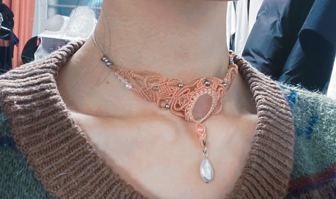 마크라메로만 올핑크 천연 로즈쿼츠 초커 목걸이 진주 펄 상품이미지5