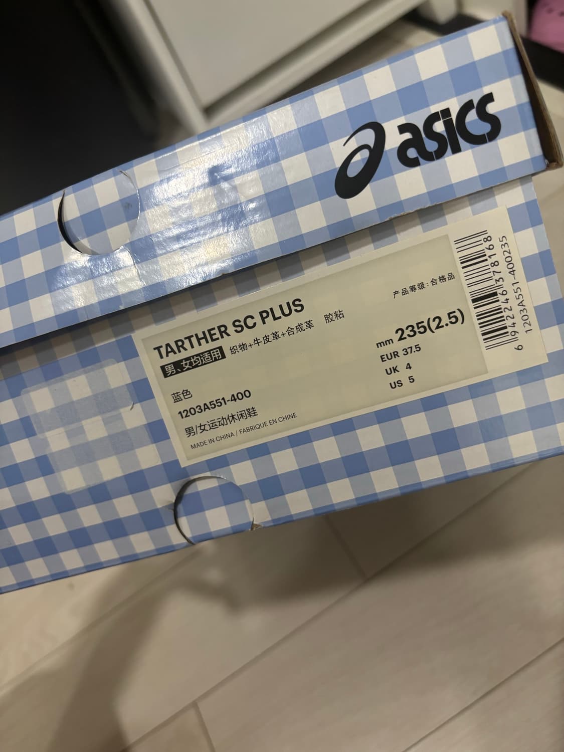 [S급/235] 아식스 x 슈슈통 타사 블루 깅엄 (실착 1회/풀박스) 상품이미지5