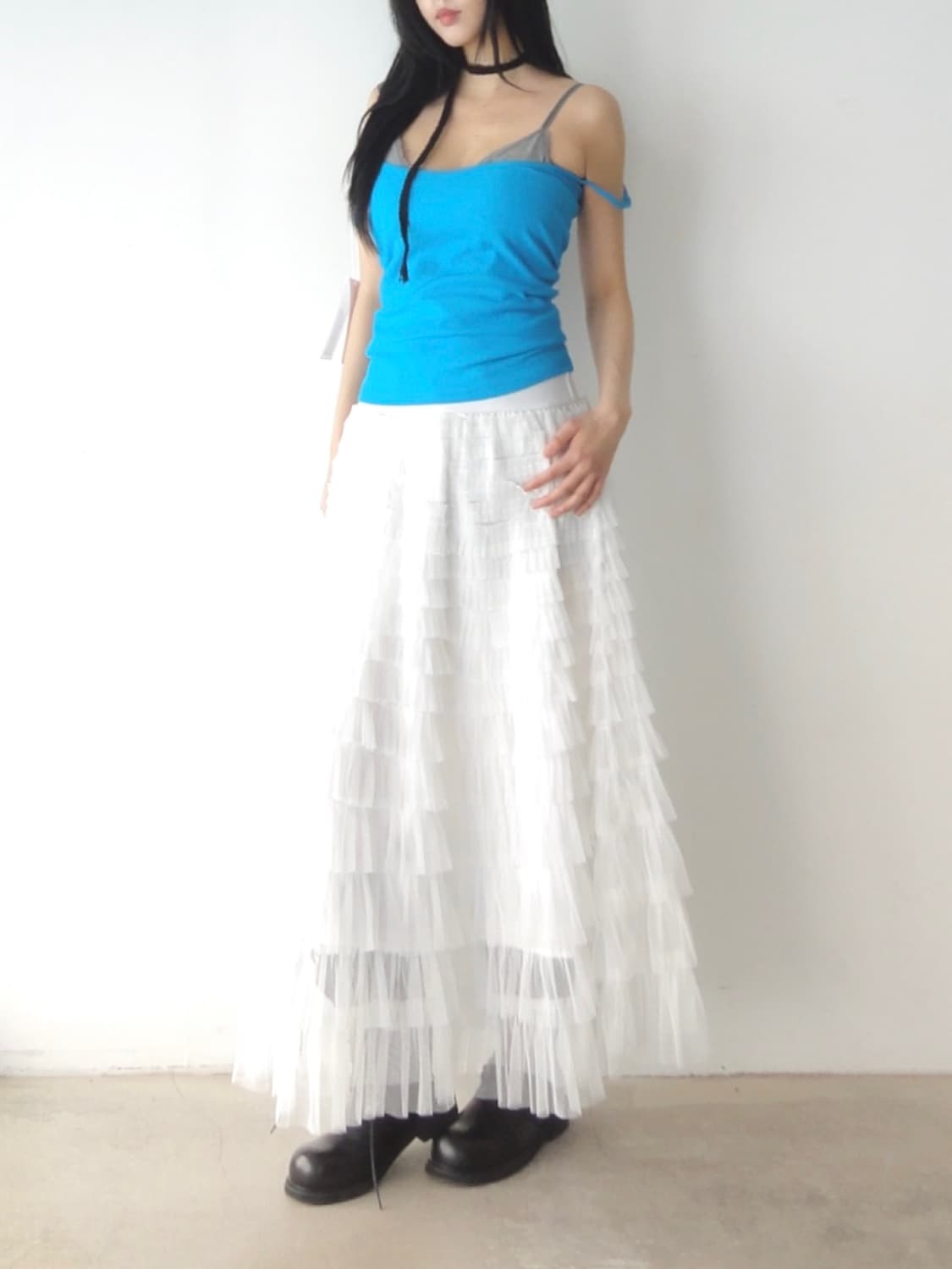 Tiered flare can can skirt / white 상품이미지5