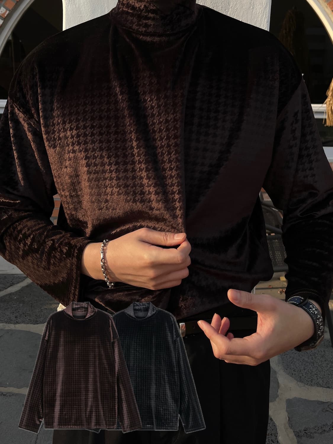 하운드 투스 벨벳 모크넥 티셔츠 상품이미지2