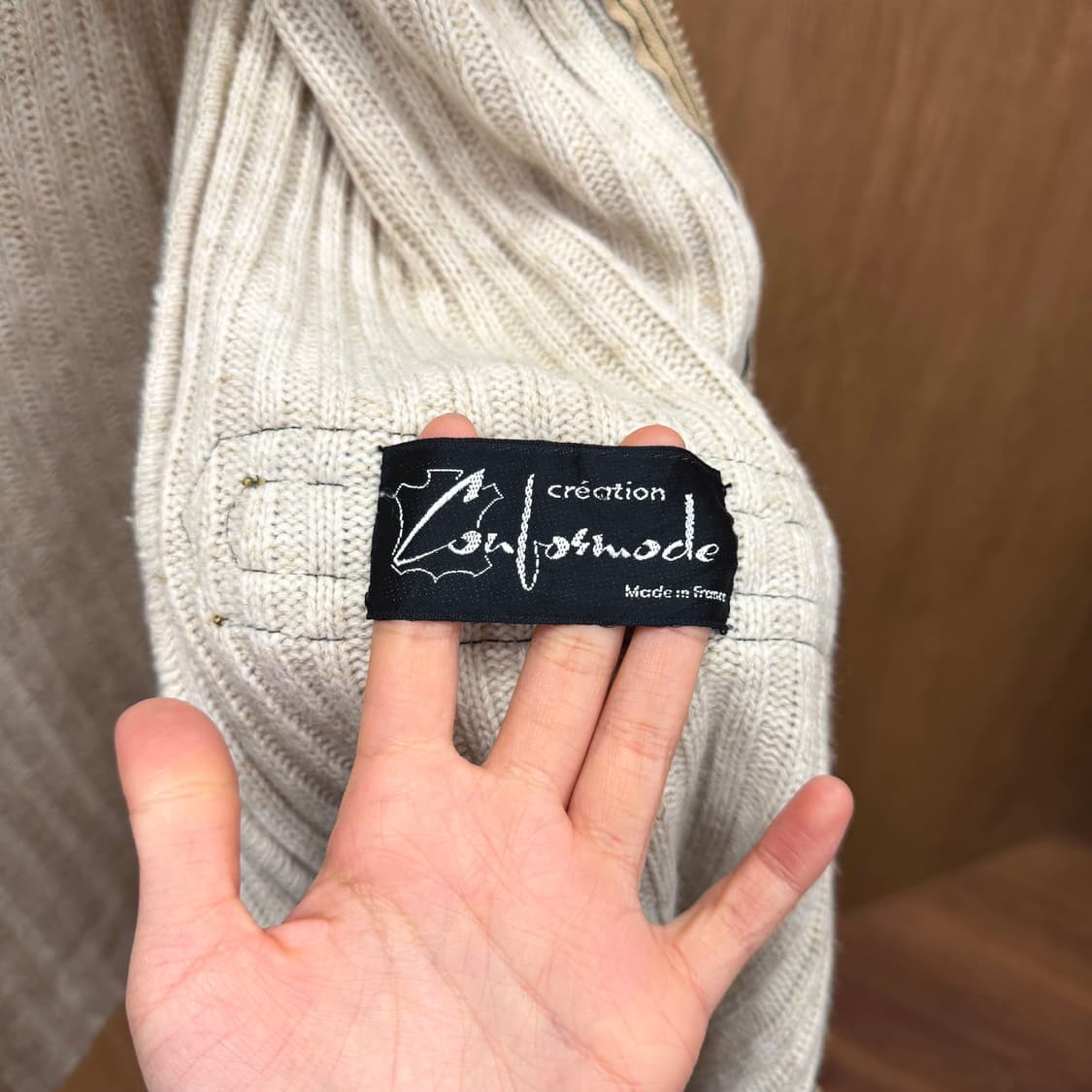 빈티지 와이드 카라넥 니트 집업 슬림 실루엣 심플 리브 디테일 아이보리 상품이미지6