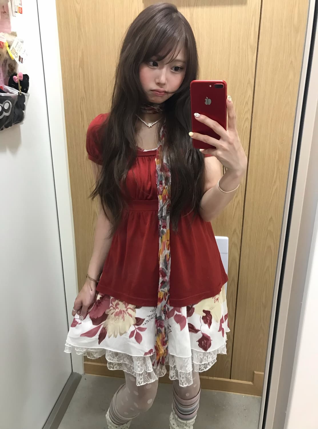 체리 레드 딸기하구미 플라워 레이스 가디건 코디세트 상품이미지3